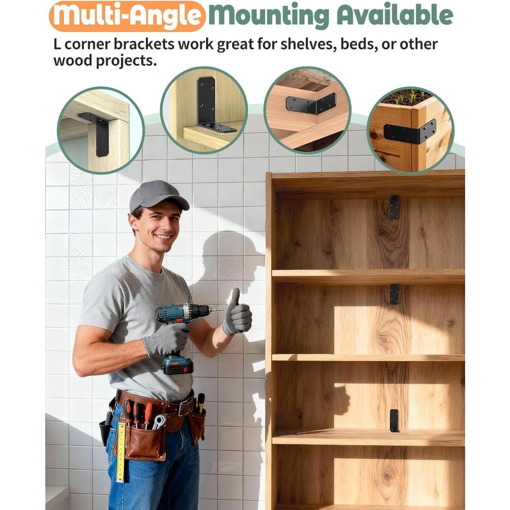 4PCS 90 Degree Angle Iron, Heavy Duty Steel Corner Brace, L Shaped Bracket for Wood Shelves, Floating Shelves, Desk Furniture Connection