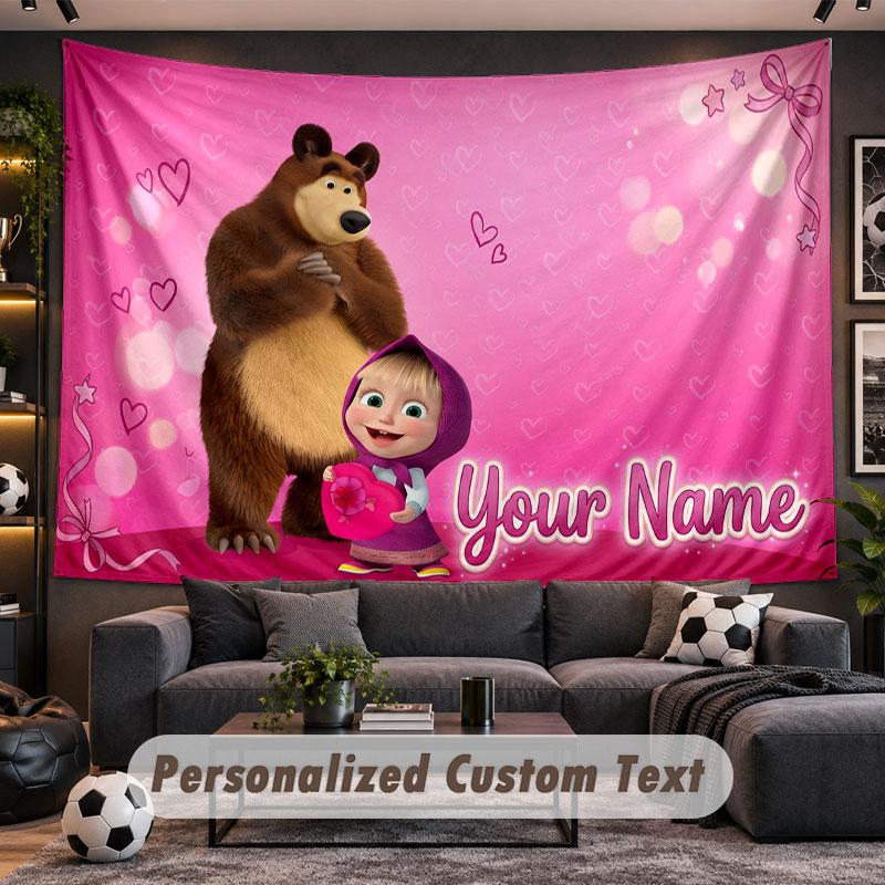 Wall Hanging Tapestry Custom NameMasha and the Bear Pattern Personalized Printed Fabric Wall Decor