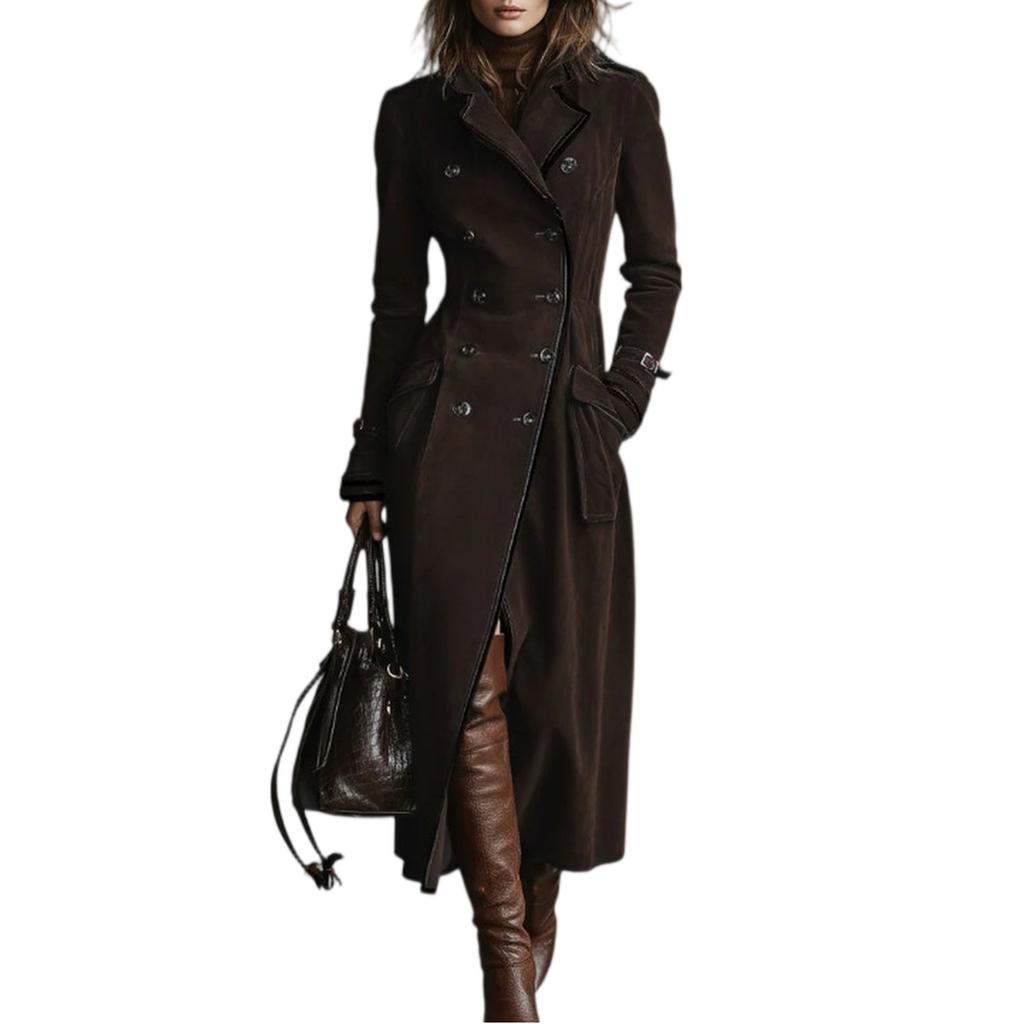 Damen Eleganter Langarmmantel Mit Kragen Und Farbe Wildleder Langer Windbreaker