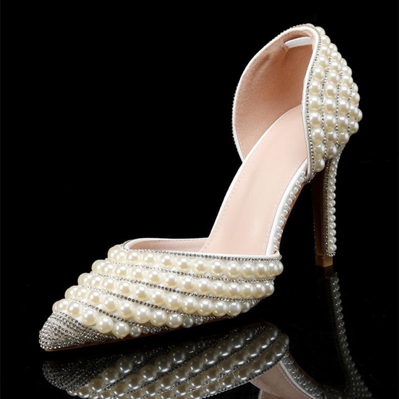 

Fashion Luxury Handmade Full Pearls Rhinestones Wedding Women Pumps Elegant Pointed toe Bridal Thin High heels Fashion Party Prom Shoes 43