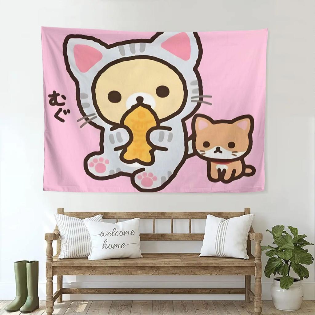 Rilakkuma Cat Costume Tapestry Pink Taiyaki Bear Wall Hanging Aesthetic Room Decor Cool Room Stuff Background Cloth For Bedroom