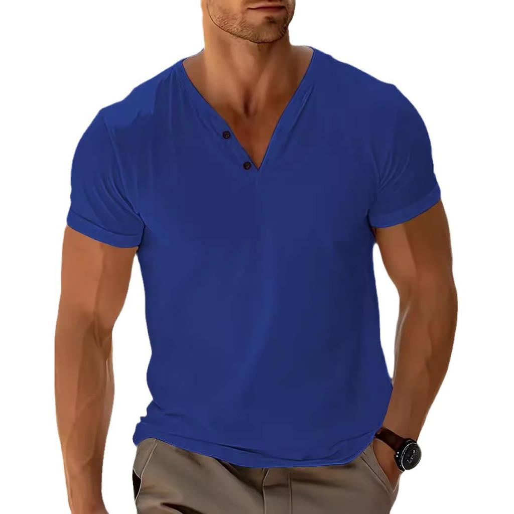 Solid Color V-neck Breathable Sweat Wicking Casual Sports Top Button Short Sleeved Men's T-shirts