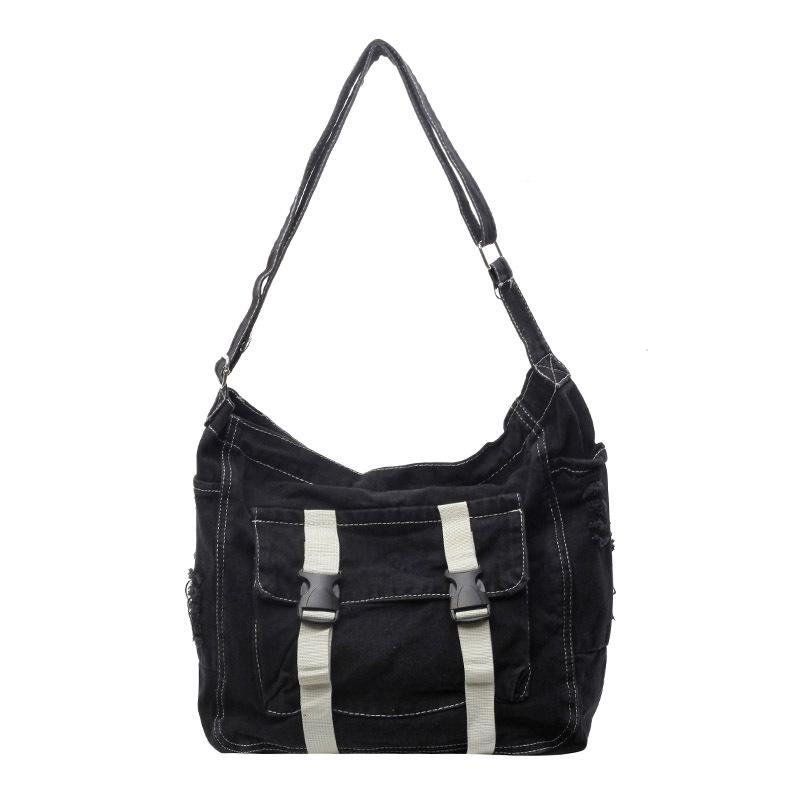 

Large capacity denim bag women s tide 2025 new Japanese and Korean simple ins college students shoulder messenger tote bag 40*11*31 чёрный