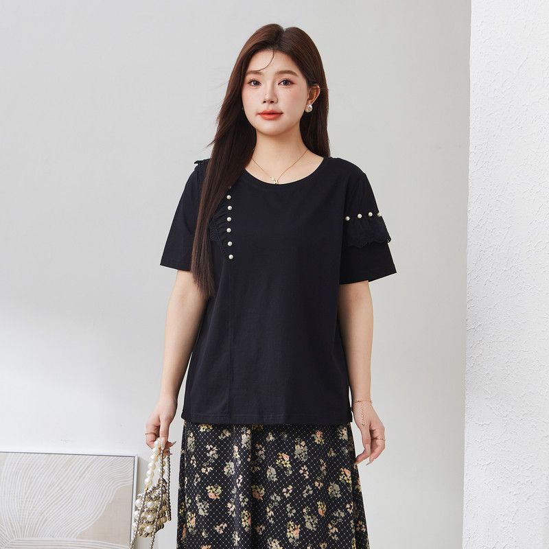 

Caiduobao Plus size women clothing Chubby Girl Top Women s Summer New Frill Sneaky Design Beads Wide Loose Shoulder T-shirt Black Pre-Sale 3XL