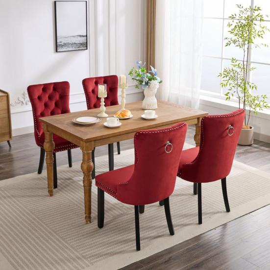 Classic Velvet Dining Chairs, High-end Tufted Solid Wood Contemporary Velvet Upholstered Dining Chair with Wood Legs, Set of 2, Wine