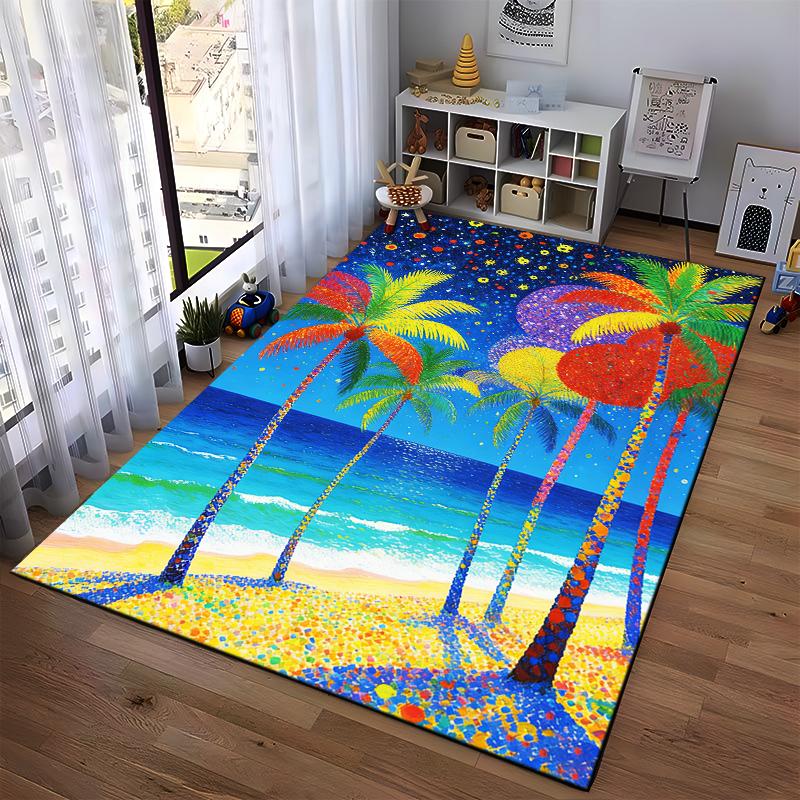 Colorful Beach Scene Carpet with Palm Trees and Starry Sky Design Suitable for use as an anti-slip for living room bedroom sofas
