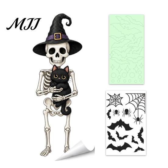 Waterproof Window Stickers Halloween Glow-in-the-Dark Cling, Spooky Ghost Skeleton Glass Sticker, Removable Decor Static Decal for Holiday Party