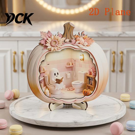 Cute Pastel Pumpkin Ornament Halloween Ghost Wooden Plaque, 2D Flat Tabletop Sign, Handmade Sign Spooky Bathing Reading for Home Office Mantel