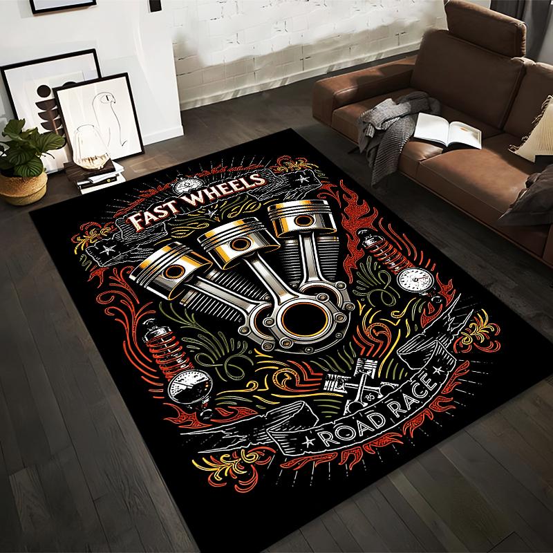 Fast Wheels Printed Carpet with Engine Design and Road Race Theme Suitable for Use As an Anti-slip for Living Room Bedroom Sofas