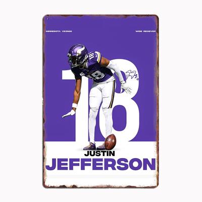 Justin Jefferson Minimalistischer Fußballspieler Retro Metallposter Schild Club Wandbild Wandkunst Plakette Zinn Raumdekoration Heimdekor