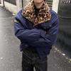 Winter 2026 American Street Style Loose Leopard Print Lapel Jacket with Fur Collar and Fleece Lining