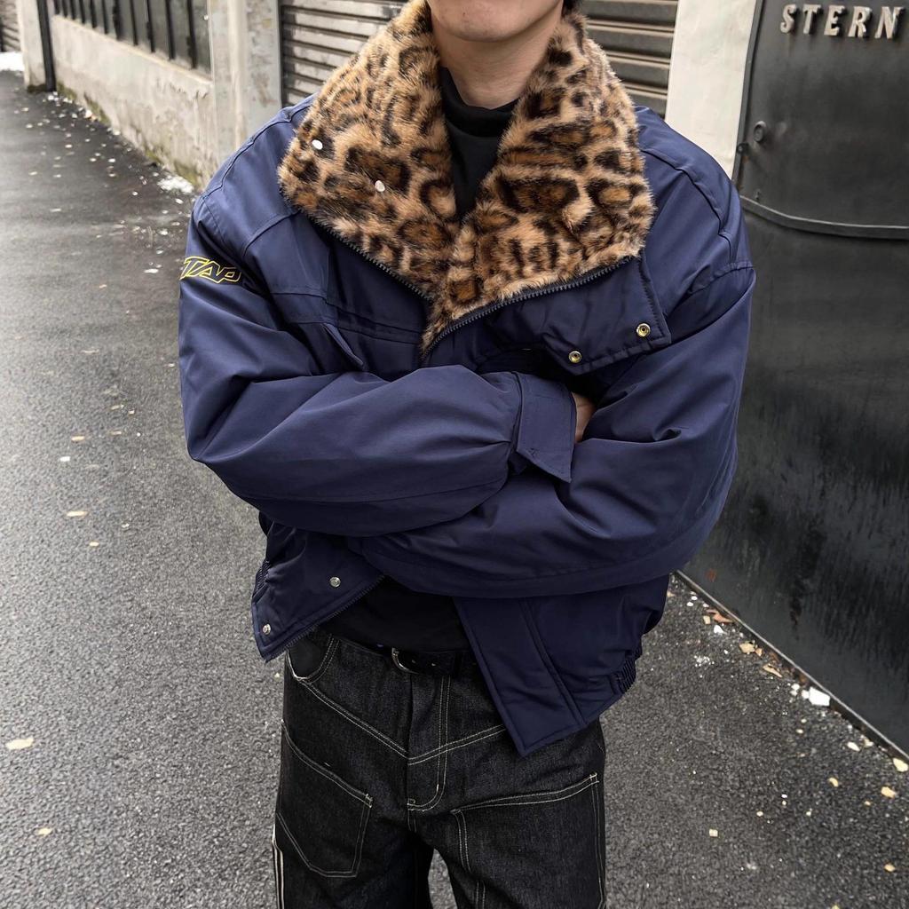 Winter 2026 American Street Style Loose Leopard Print Lapel Jacket with Fur Collar and Fleece Lining