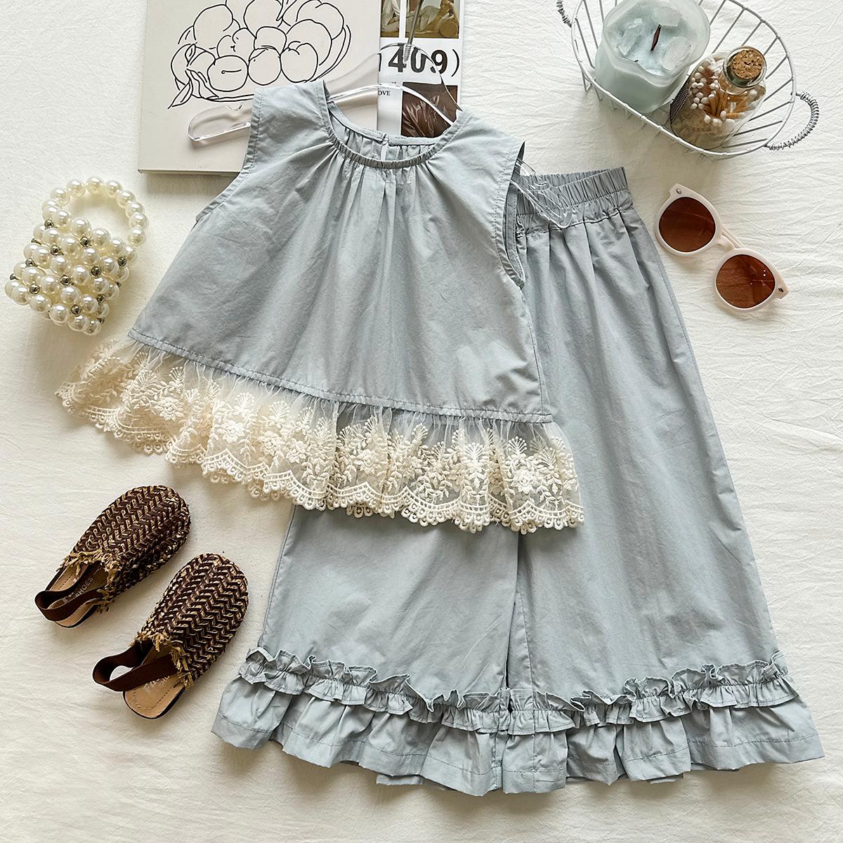 Girls Pleated Sleeveless Doll Top & Lace Hem Ruffle Pants Set 110 cm