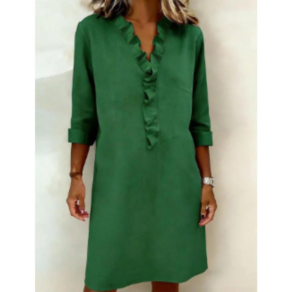 Women's V Neck Long Sleeve Loose Casual Midi Dress Solid Ruffle Shirt Dress