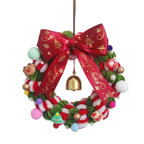 

1 Набор Рождественский венок с красным, зеленым синелем, колокольчиком, подвеской Санта, оленем, лентой, сделай сам, ручная работа, елка, праздничная вечеринка, подвесное украшение для венка B