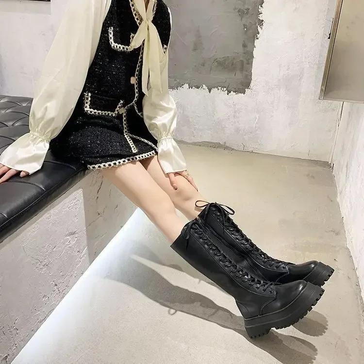 Women Motorcycle Boots Wedges Flat Shoes Woman High Heel Platform PU Leather Boots Lace Up Women Shoes Black Boots Girls2025