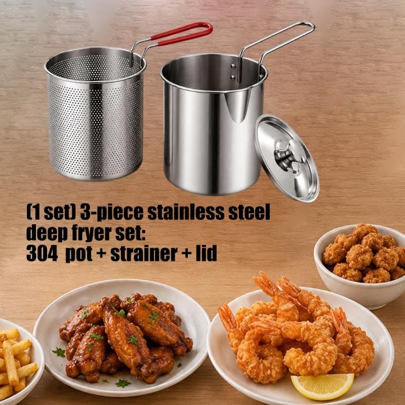 Type 304 Steel Stovetop Frying Saucepan Set with Removable Perforated Basket, Lid, and Narrow Deep Shape for Frying Modest Servings and Draining