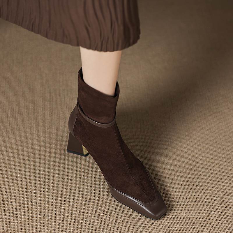 Krazing Pot Flock Cow Skin Square Toe Thick Heels Chelsea Boots Size 42 Beauty Lady Women Modern Fashion Girl Ankle Boots
