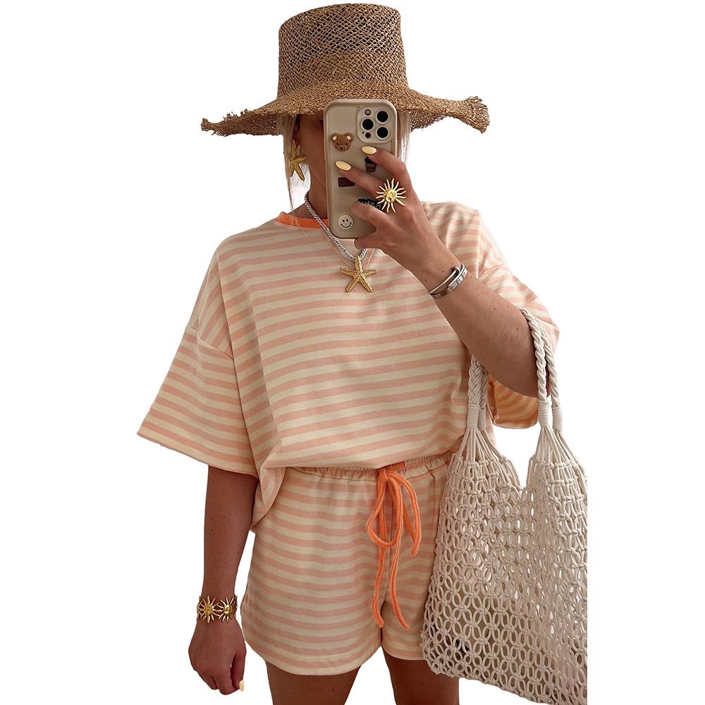 Женский повседневный комплект из двух предметов в поперечную полоску с карманами - С поясом, на кулиске, с коротким рукавом Medium хаки