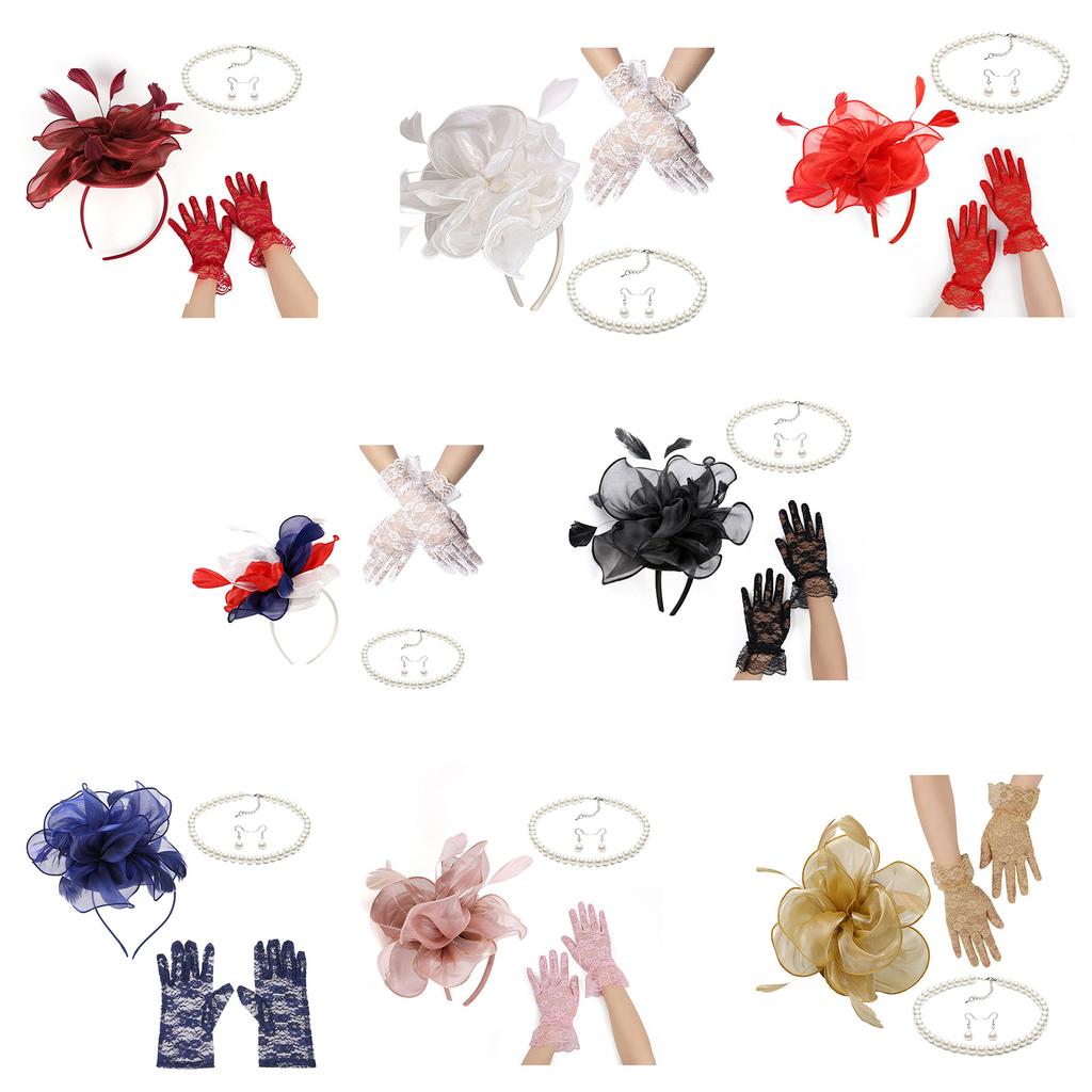 Lady Fascinators Headband Elegant Pearls Opera Necklace Earrings Lace Gloves Set 1920s Versatile Headwear