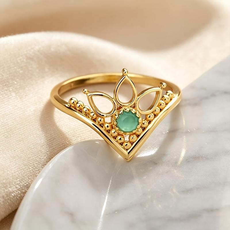 1PC Lotus Crown Ring for Women Available in Gold and Silver Colors Light luxury and exquisite style hollow ring with green and blue zircon inlay