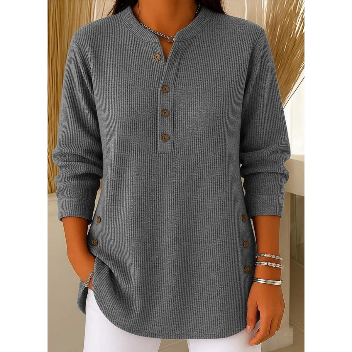 

2025 Autumn Winter New Women s Solid Color Loose V-Neck Button Long Sleeve Casual T-Shirt Top for Europe America 3XL серый