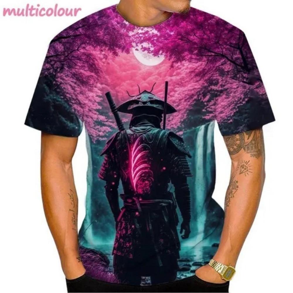 Japanese Samurai 3 print, Japanese armor t-shirt, ninja neck, round neck, short sleeved, cherry blossom, male and female swords.