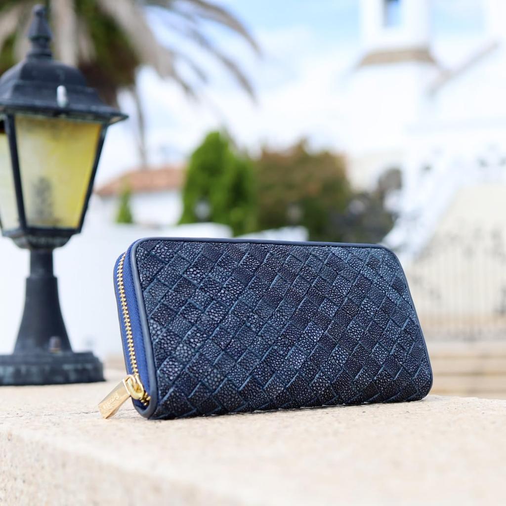 [Revetta] Stingray Leather Intrecciato Long Wallet, Galuchat, Stingray, Navy, Men's & Women's, Round Zipper, Genuine Leather [241stw]