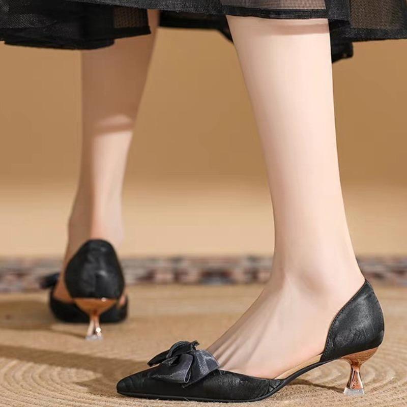 Summer New High Heels Pointed Head Shallow Mouth Flannelette Rhinestone Butterfly Knot Anti-slip Wear-resistant Single Shoes