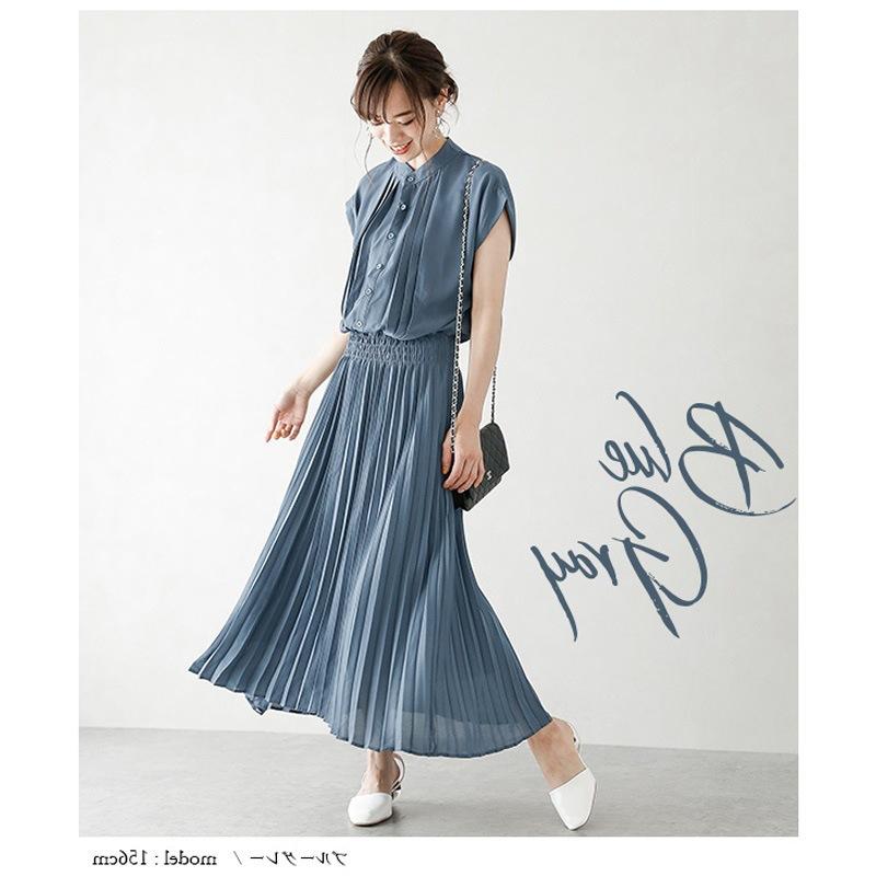 Women Sleeveless Stand Collar Dress Chiffon Pleated Midi Dress High Waist Slim Fit Solid Color Japanese Commuter Dress
