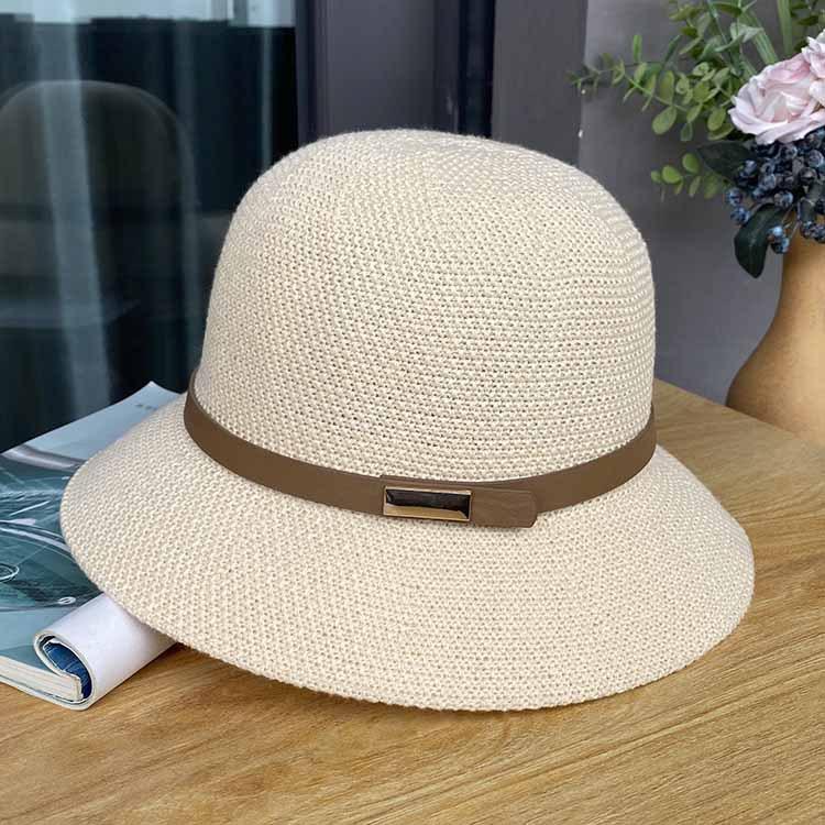 Cotton and linen knitted belt buckle decorative dome hat spring and summer elegant bucket hat ladies sunscreen sunshade basin hat