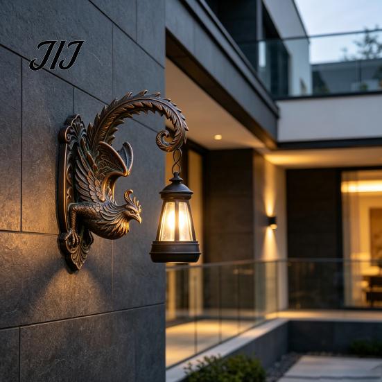 Solar Powered Porch Lanterns Phoenix Wall Lights, Resin Sculpture Outdoor Light, Bronze Finish Yard Decor Waterproof Landscape Lamp for Garden