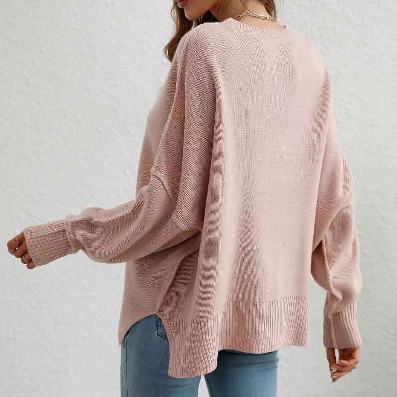 IHUASU Autumn and Winter Fashion Women's O-Neck Knit Loose Split Pullover Sweater