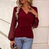 Women's Solid Color Patchwork Lace Lantern Sleeve Faux Button Loose Crossover Top
