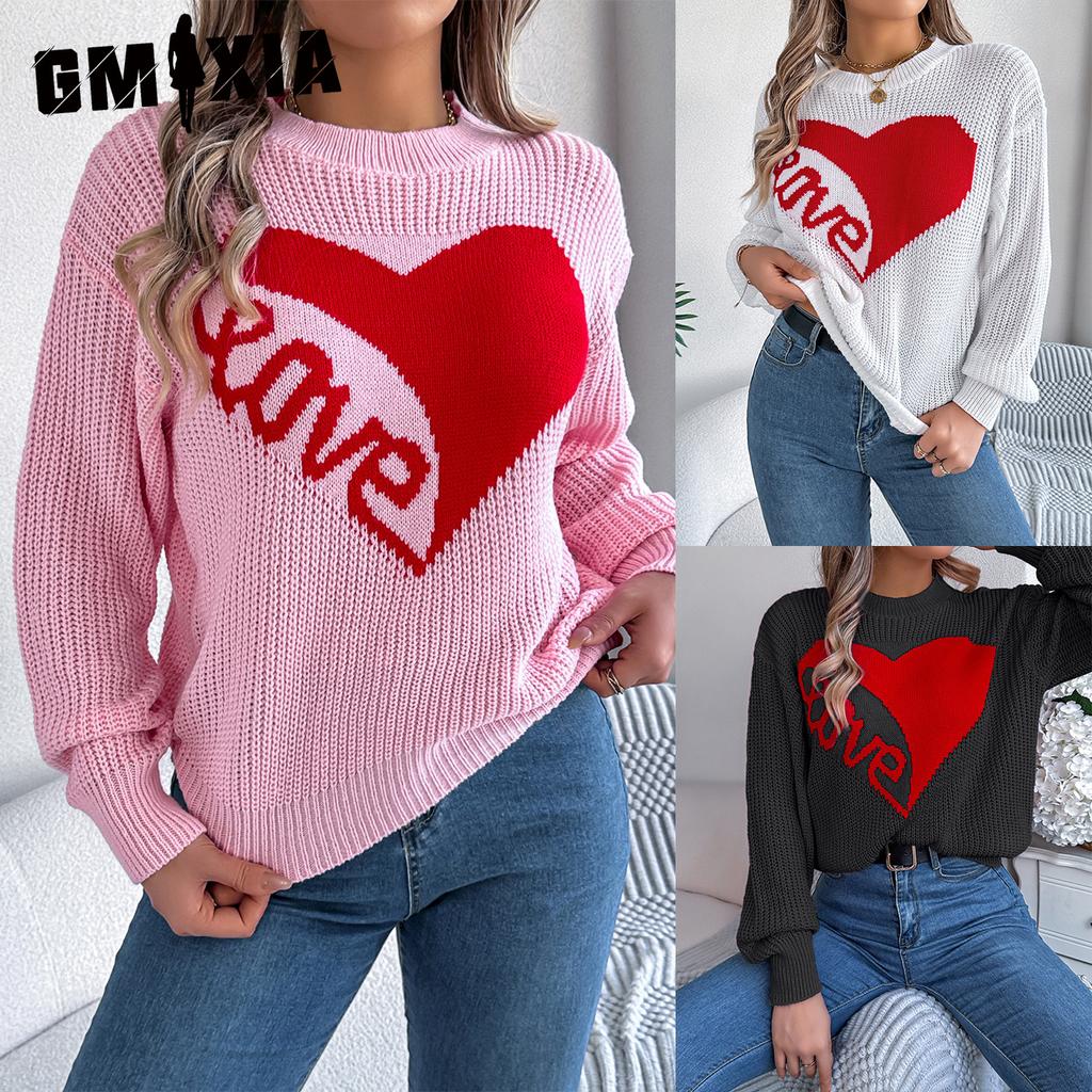GMXIA Autumn and Winter Casual Valentine's Day Color-blocking Heart LOVE Long-sleeved Pullover Sweater Women's Wear