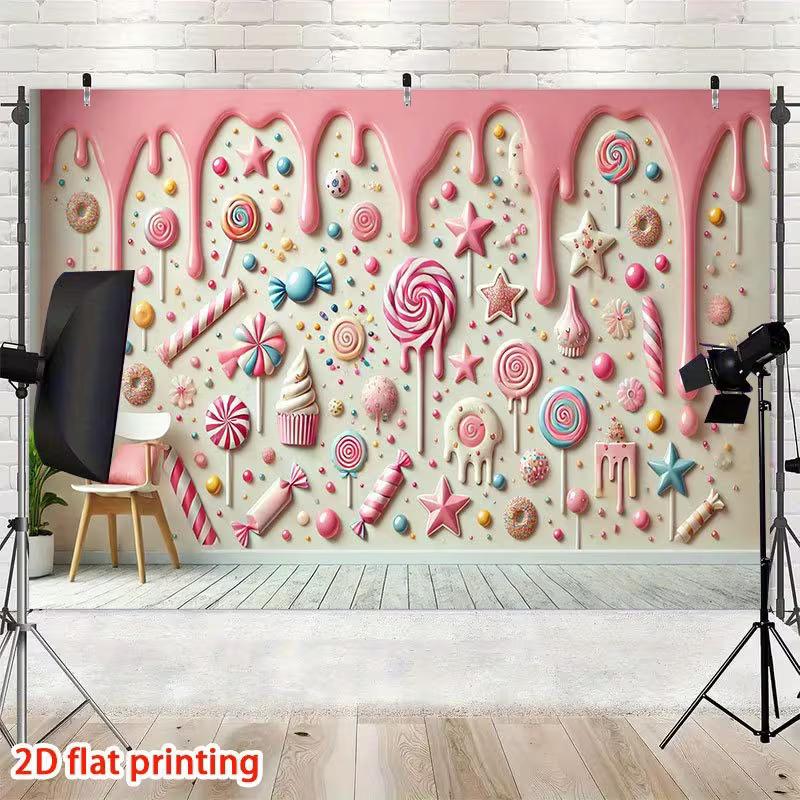 2D Whimsical Candy Backdrop Pink Cream Drip with Colorful Candies Themed Party Background