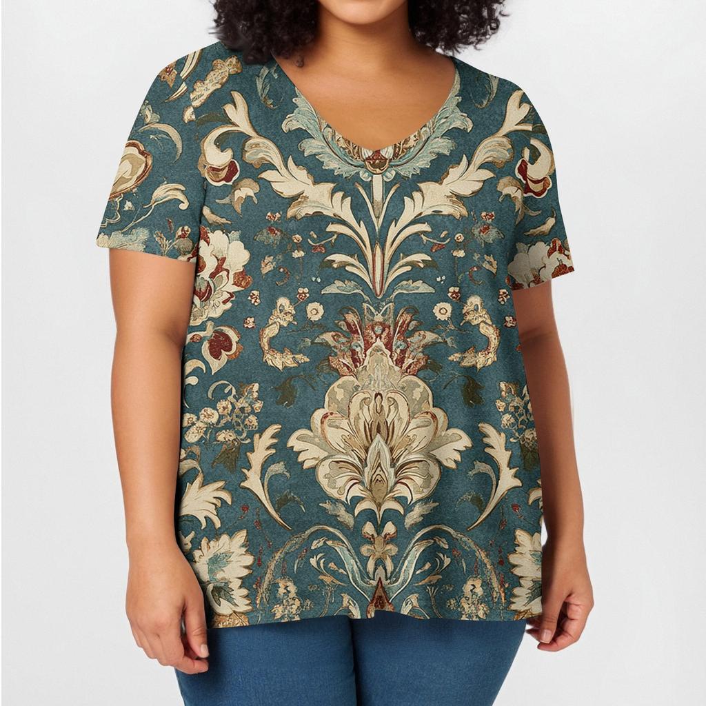Women's Fashion Casual V-Neck Pullover Short Sleeve Large Size Vintage Printed Top