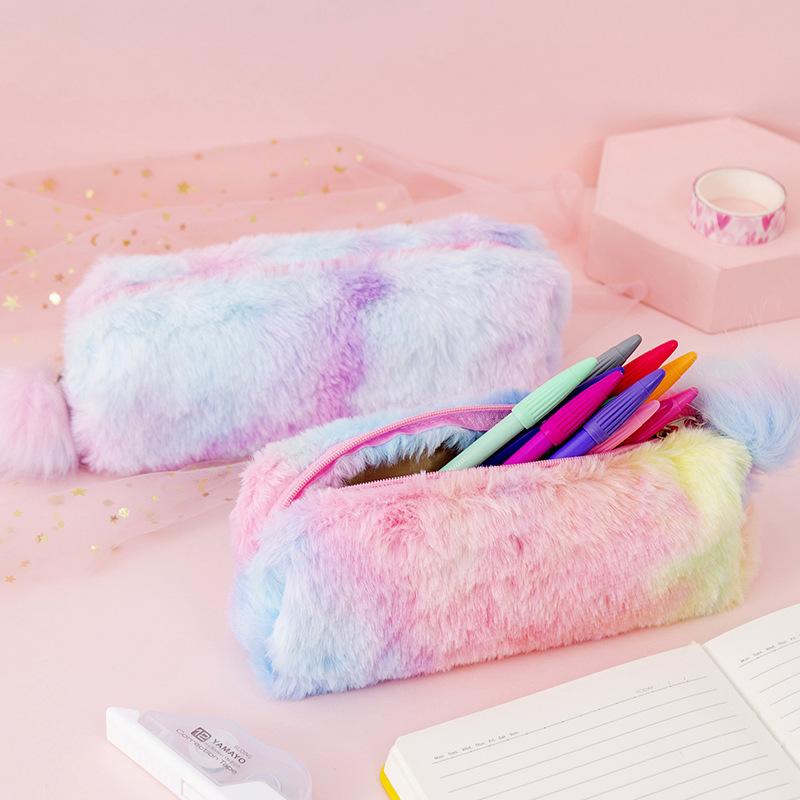 Plush Pencil Case For Girls Kawaii Gradient Color Stationery Storage Bag Zipper Pencil Bag School Office Pouch Purse Storage