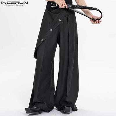Men Zipper Up Button Warp Casual Long Trousers Wide Leg Pants