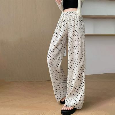 Polka Dot Pleated Wide Leg Pants for Women Summer Thin High Waist Drape Straight Loose Ice Silk Feel Floor Long Pants