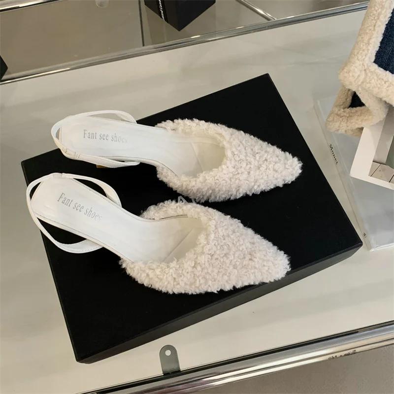 Fur Women High Heels Shoes Pointed Toe Fashion Sexy Slippers New Designer Party Dress Pumps Luxury Zapatillas Mujer