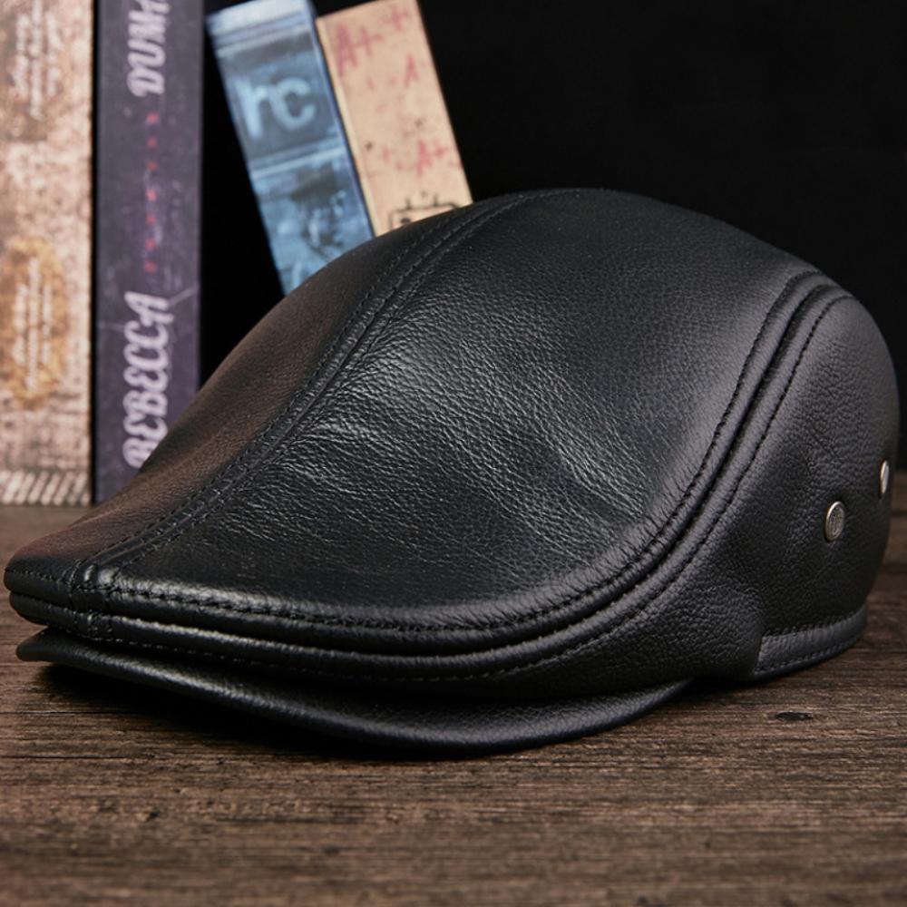 HT4846 Berets High Quality Genuine Leather Cap Men Women Thick Warm Autumn Winter Ivy Flat Cap Male Plus Size Earflap Beret Cap