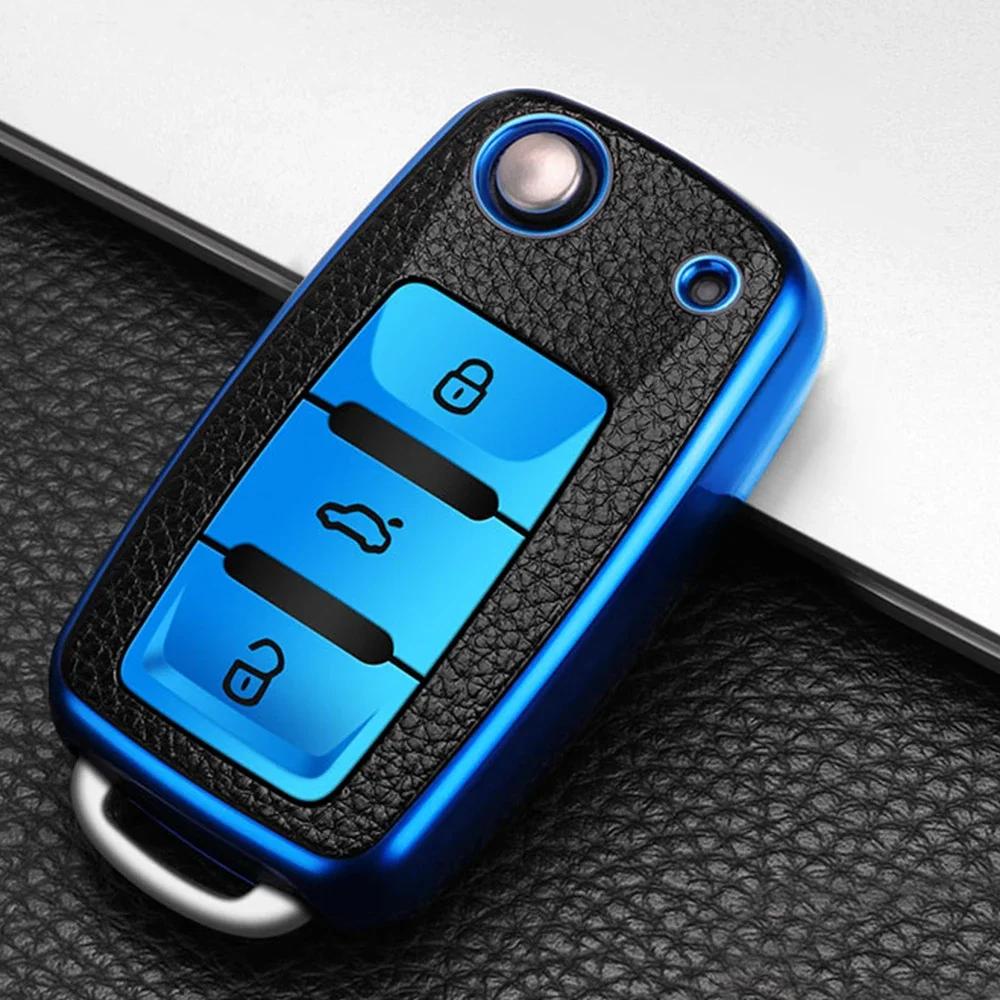 

TPU Leather Car Key Cover Case Fob for Volkswagen VW Bora Polo Tiguan Jetta Passat B5 B6 B7 Golf Beetle for Skoda Octavia синий