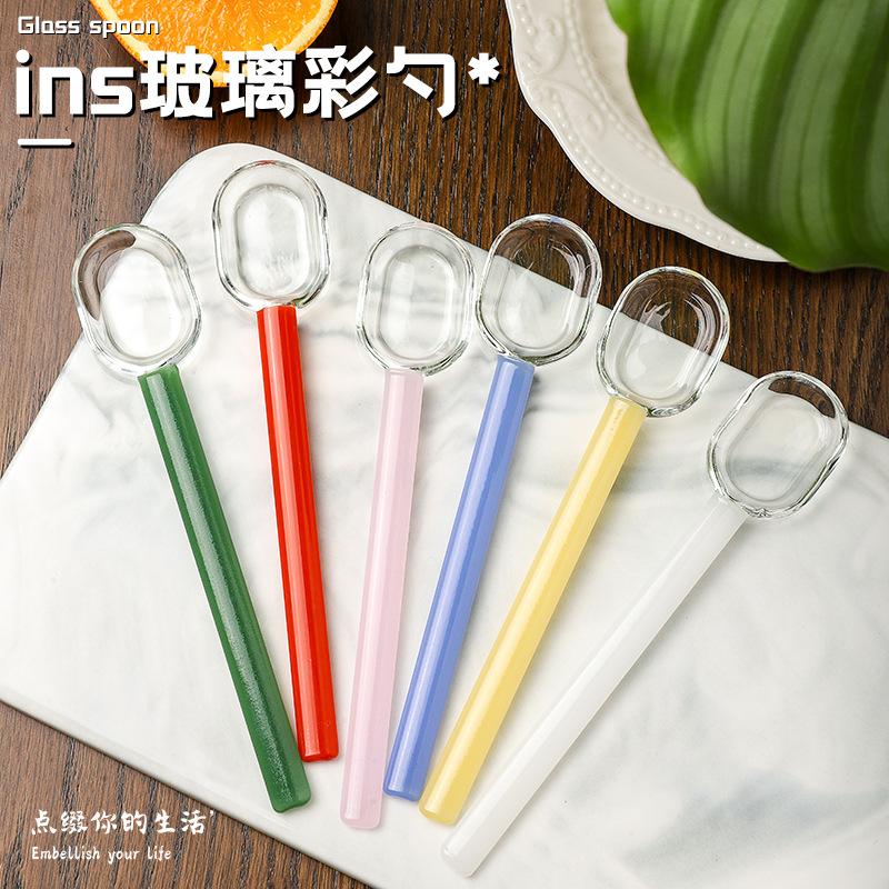 Cute Colorful Glass Long Spoon With Lily Flower High borosilicate heat-resistant glass lily flower mixing spoon