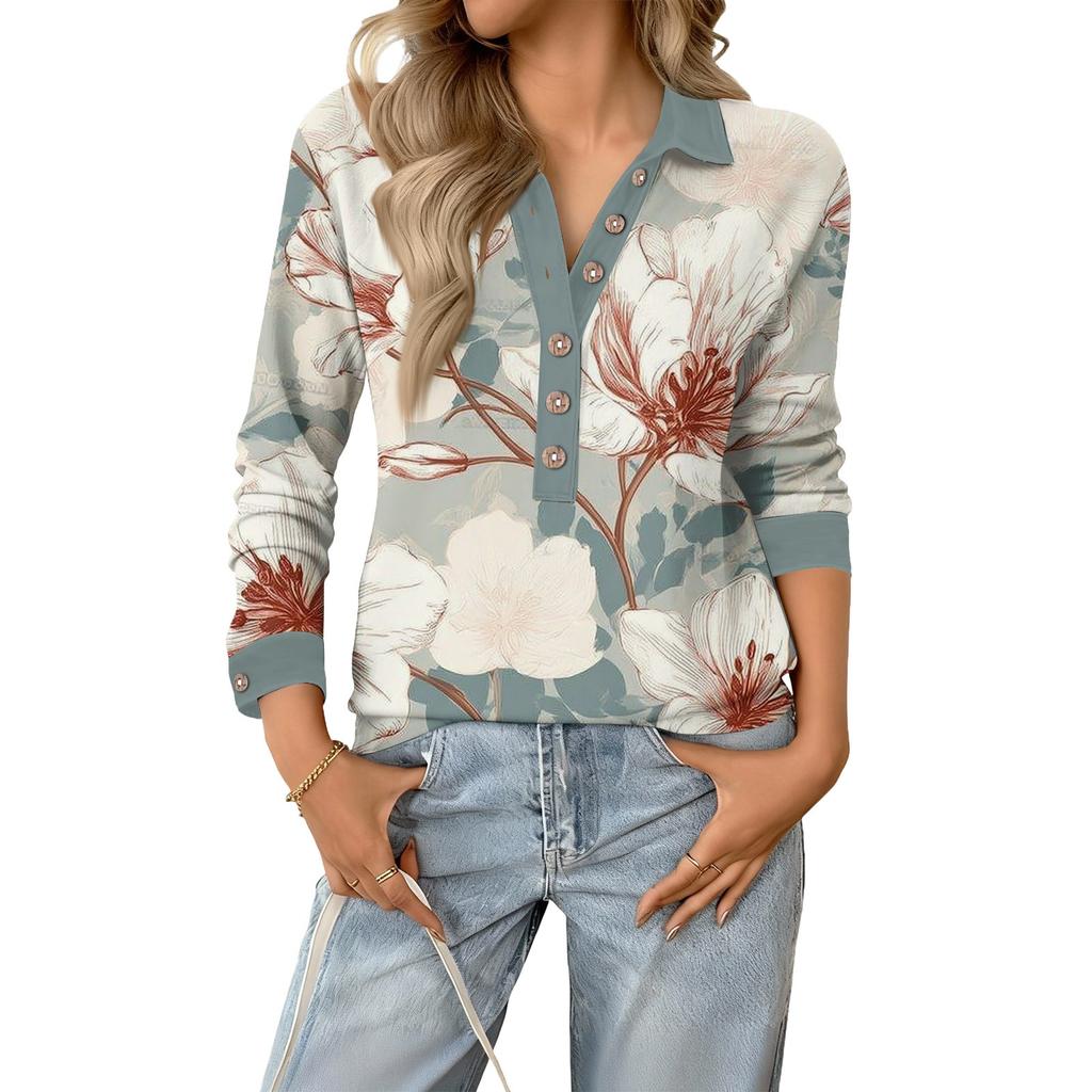 Women's Retro Street Lazy V,neck Long Sleeve Button Floral Print Pullover Top