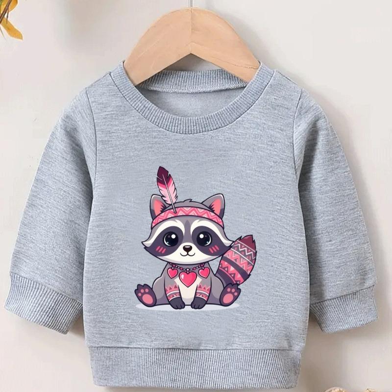 Kids Crewneck Long Sleeve Sweatshirt,Cute Cartoon Raccoon Graphic Print