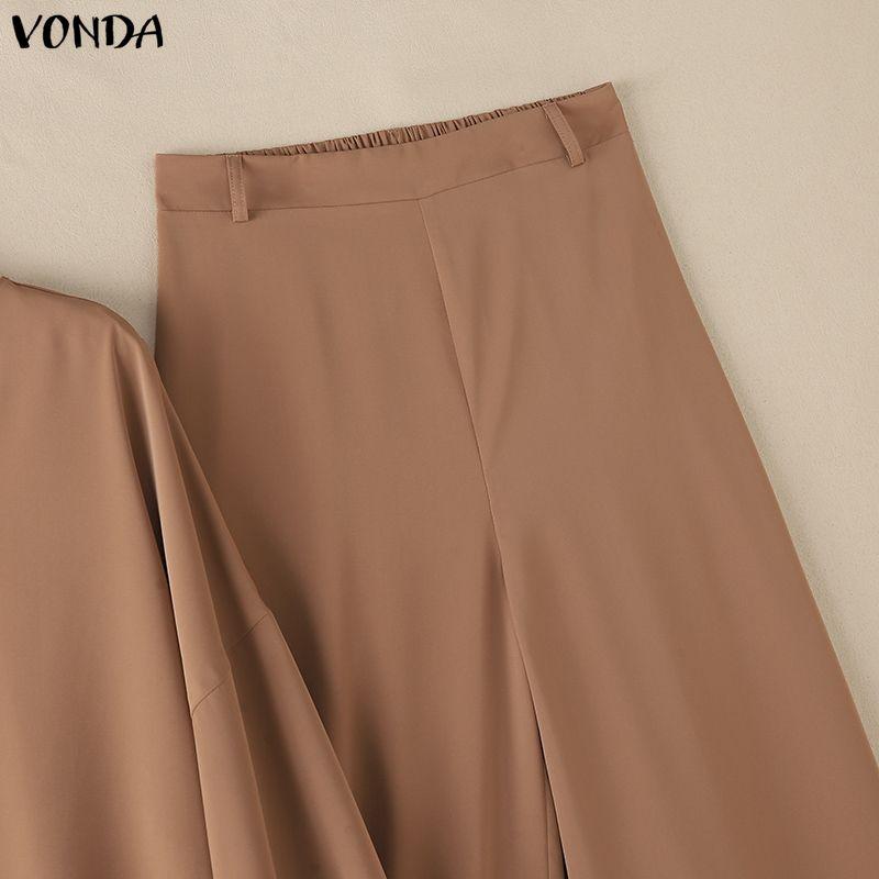 VONDA Elegant Women Outfits Puff Sleeve Blouse and Zip-up Trousers Casual Two Piece  Sets