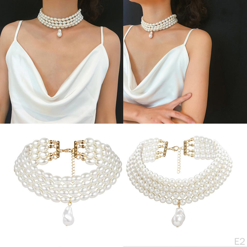 Elegant Multilayers Simulated Pearls Strand Necklace Cluster Statement Bib Choker Costume Jewelry