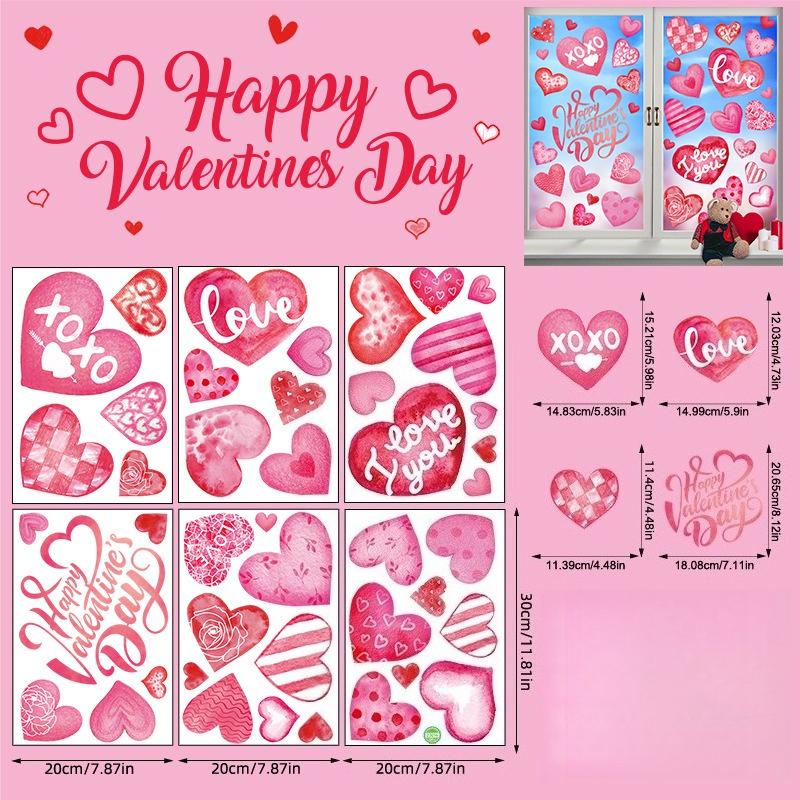 

6 Sheets Featuring 43pcs of Cheerful Valentine S Day Window Decorations, Including Vibrant Heart And Rose Designs as shown