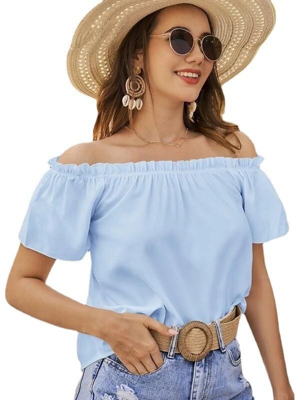 Women's Loose-fit Off-the-shoulder Boat-neck Ruffled Short-sleeved Shirt